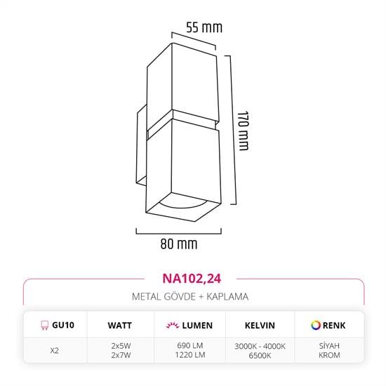 Nevo Çift Yönlü İç Mekan Aplik Siyah Krom NA102