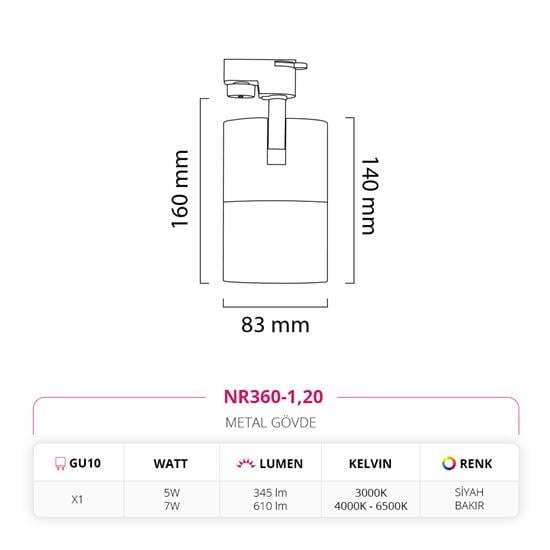 Nevo Dekoratif Ray Spot Siyah Bakır NR360-1