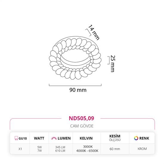 Nevo Sıva Altı Cam Spot Krom ND505