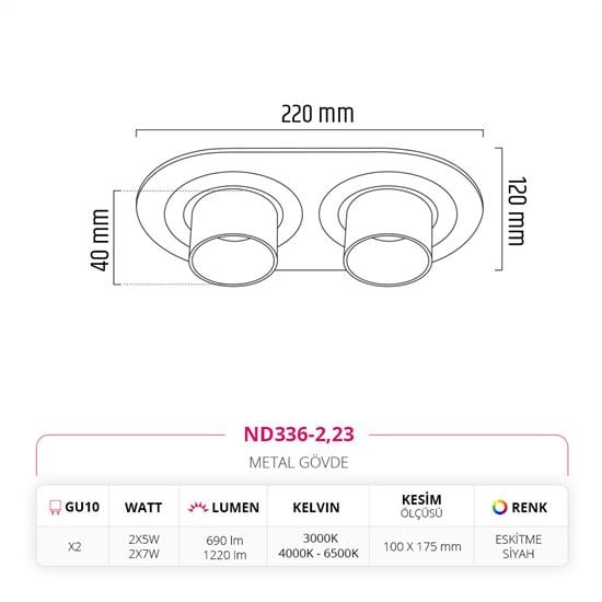 Nevo Sıva Altı İkili Led Spot Eskitme Siyah ND336-2