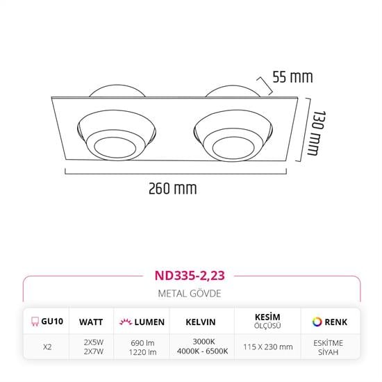 Nevo Sıva Altı İkili Led Spot Eskitme Siyah ND335-2