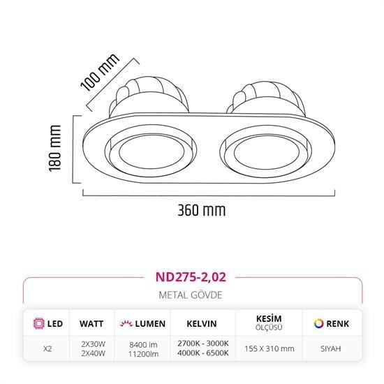 Nevo Sıva Altı İkili Led Spot Siyah ND275-2