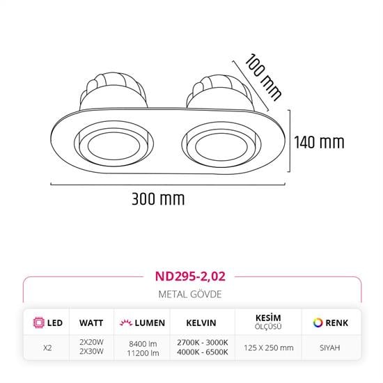 Nevo Sıva Altı İkili Led Spot Siyah ND295-2