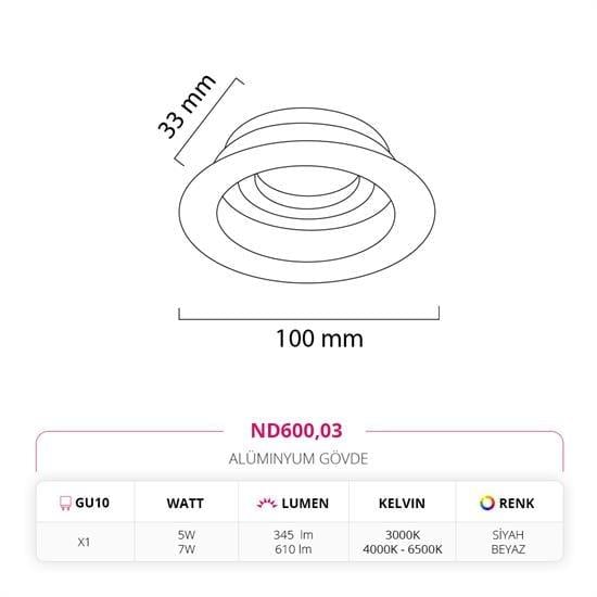 Nevo Sıva Altı Led Spot Beyaz Siyah ND600