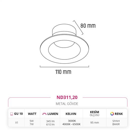 Nevo Sıva Altı Led Spot Siyah Bakır ND311