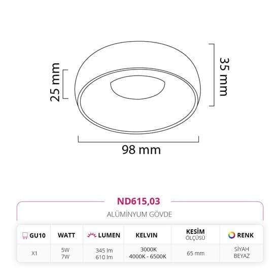 Nevo Sıva Altı Led Spot Siyah Beyaz ND615