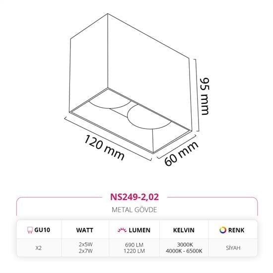 Nevo Sıva Üstü İkili Led Spot Siyah NS249-2