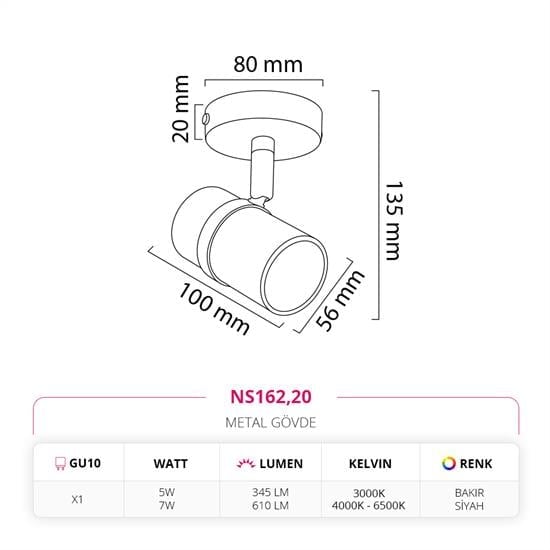 Nevo Sıva Üstü Led Spot Bakır Siyah NS162