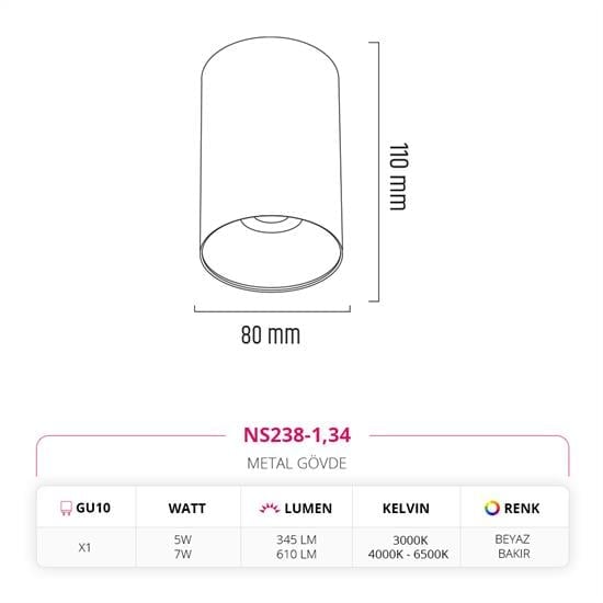 Nevo Sıva Üstü Led Spot Beyaz Bakır NS238-1