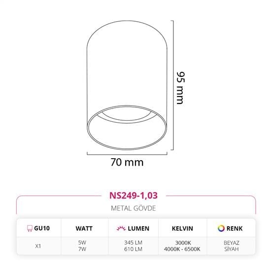 Nevo Sıva Üstü Led Spot Beyaz Siyah NS249-1