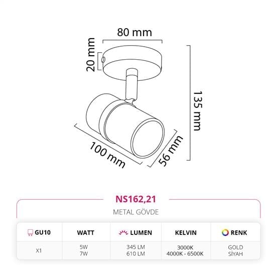 Nevo Sıva Üstü Led Spot Gold Siyah NS162