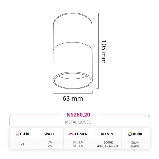Nevo Sıva Üstü Led Spot Siyah Bakır NS260