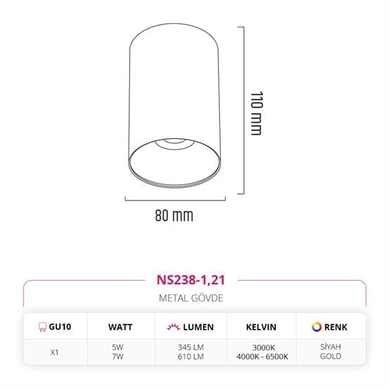 Nevo Sıva Üstü Led Spot Siyah Gold NS238-1