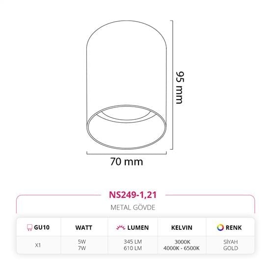 Nevo Sıva Üstü Led Spot Siyah Gold NS249-1