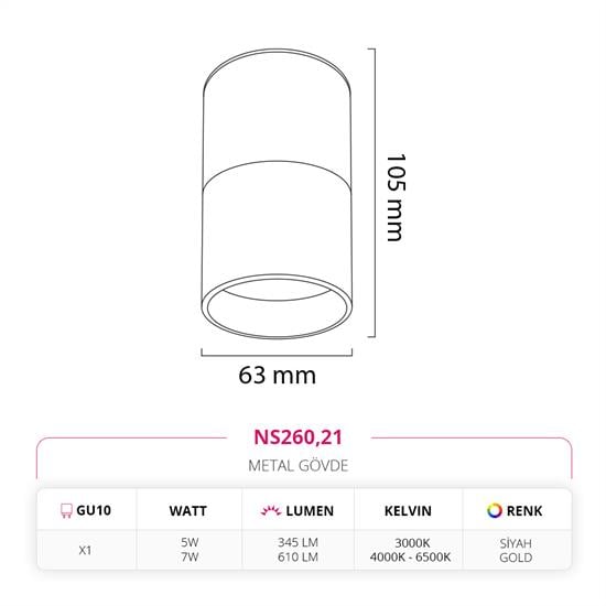 Nevo Sıva Üstü Led Spot Siyah Gold NS260