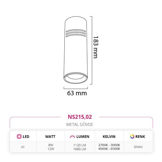 Nevo Sıva Üstü Led Spot Siyah NS215
