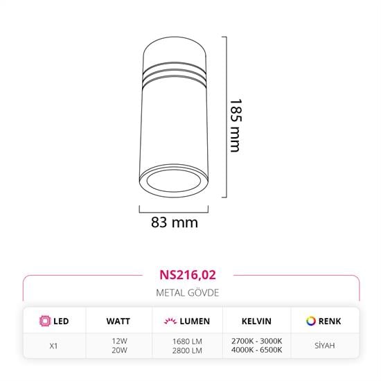 Nevo Sıva Üstü Led Spot Siyah NS216