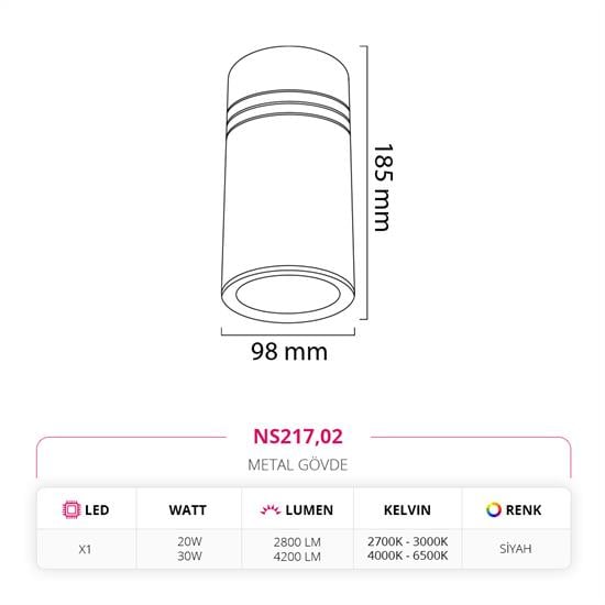 Nevo Sıva Üstü Led Spot Siyah NS217