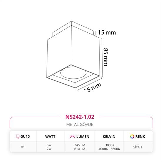 Nevo Sıva Üstü Led Spot Siyah NS242-1