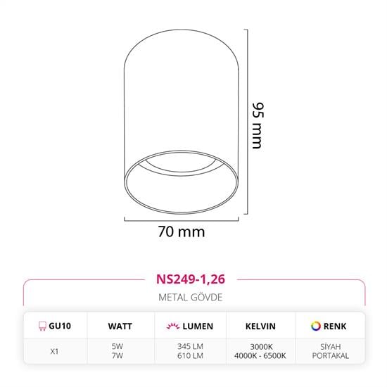 Nevo Sıva üstü Led Spot Siyah Portakal NS249-1