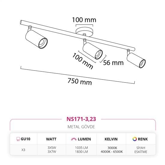 Nevo Sıva Üstü Üçlü Led Spot Siyah Eskitme NS171-3