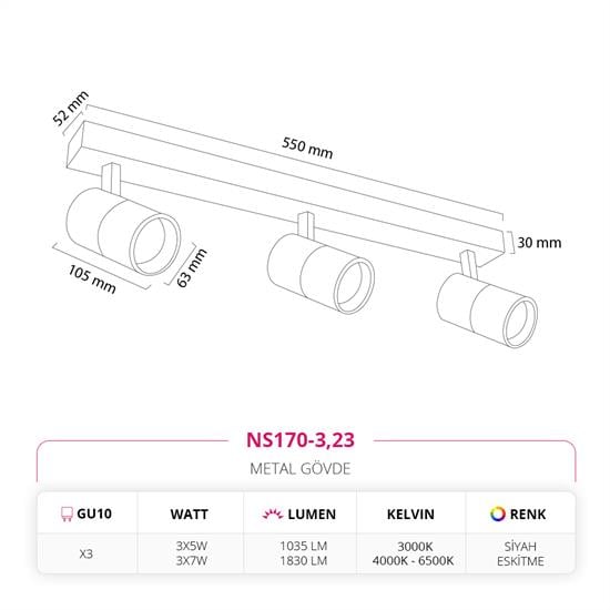 Nevo Sıva Üstü Üçlü Led Spot Siyah Eskitme NS170-3