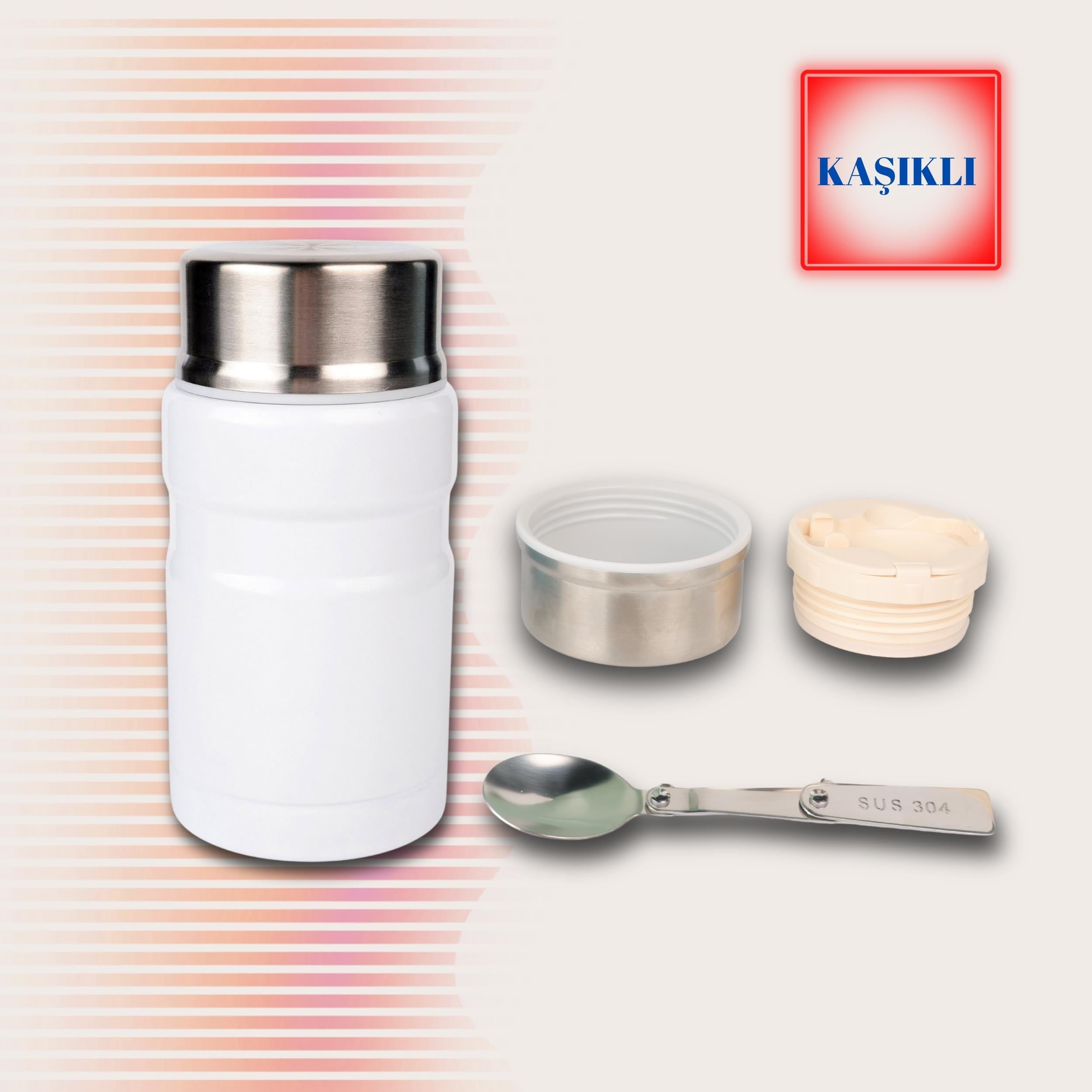  750 ml Paslanmaz Çelik Yemek Termosu-Çelik Kaşıklı,Beyaz