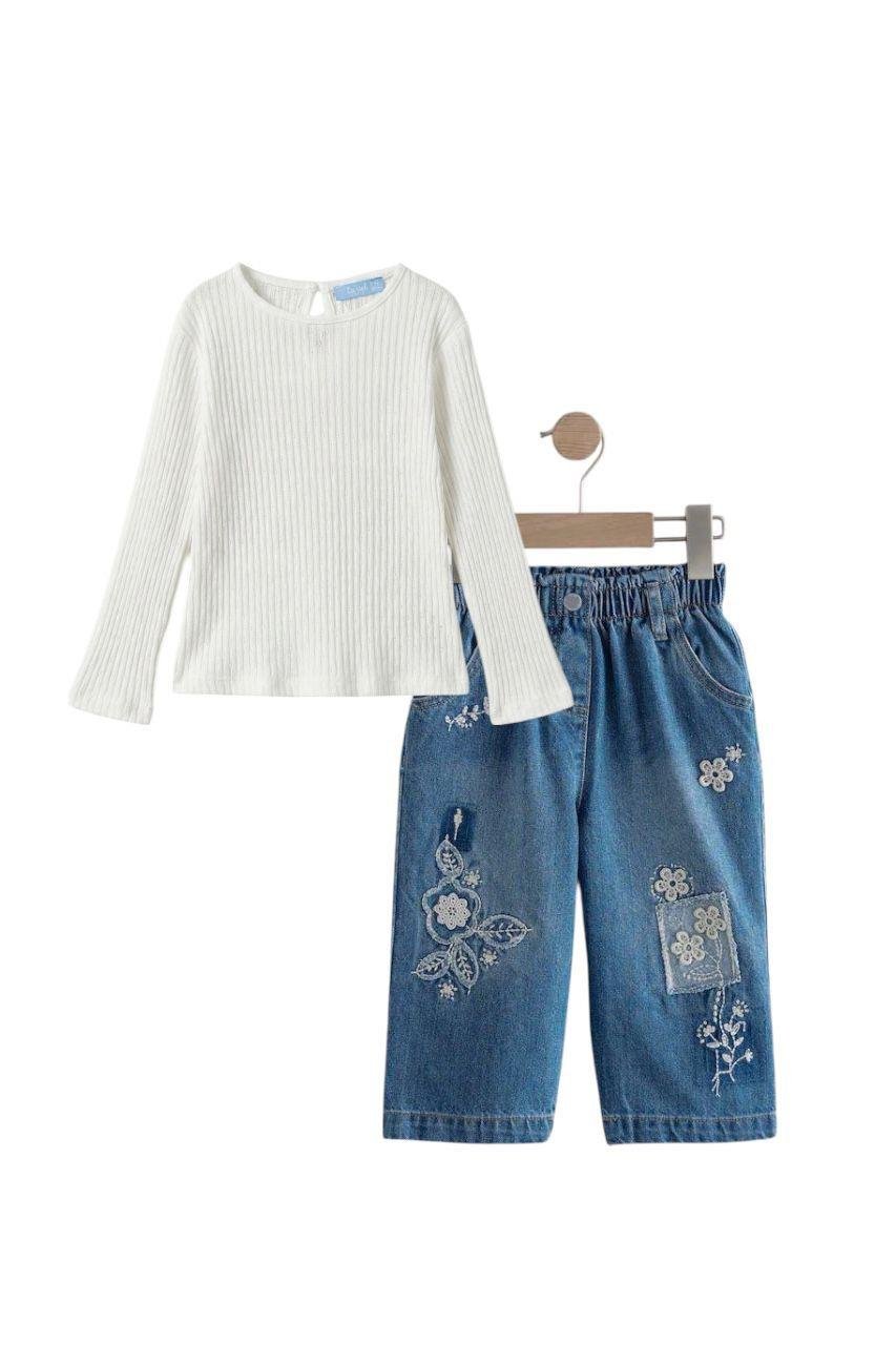 Mavi Nakışlı Denim Pantolon