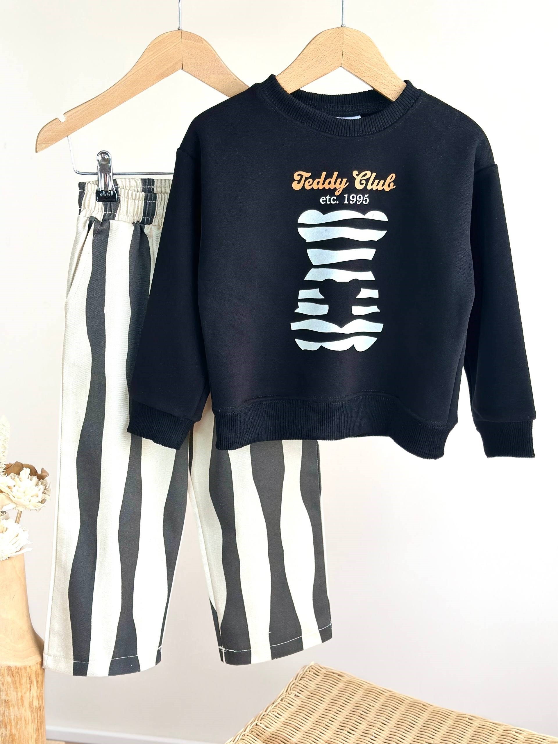 Siyah Beyaz Teddy Denim Pantolonlu Takım