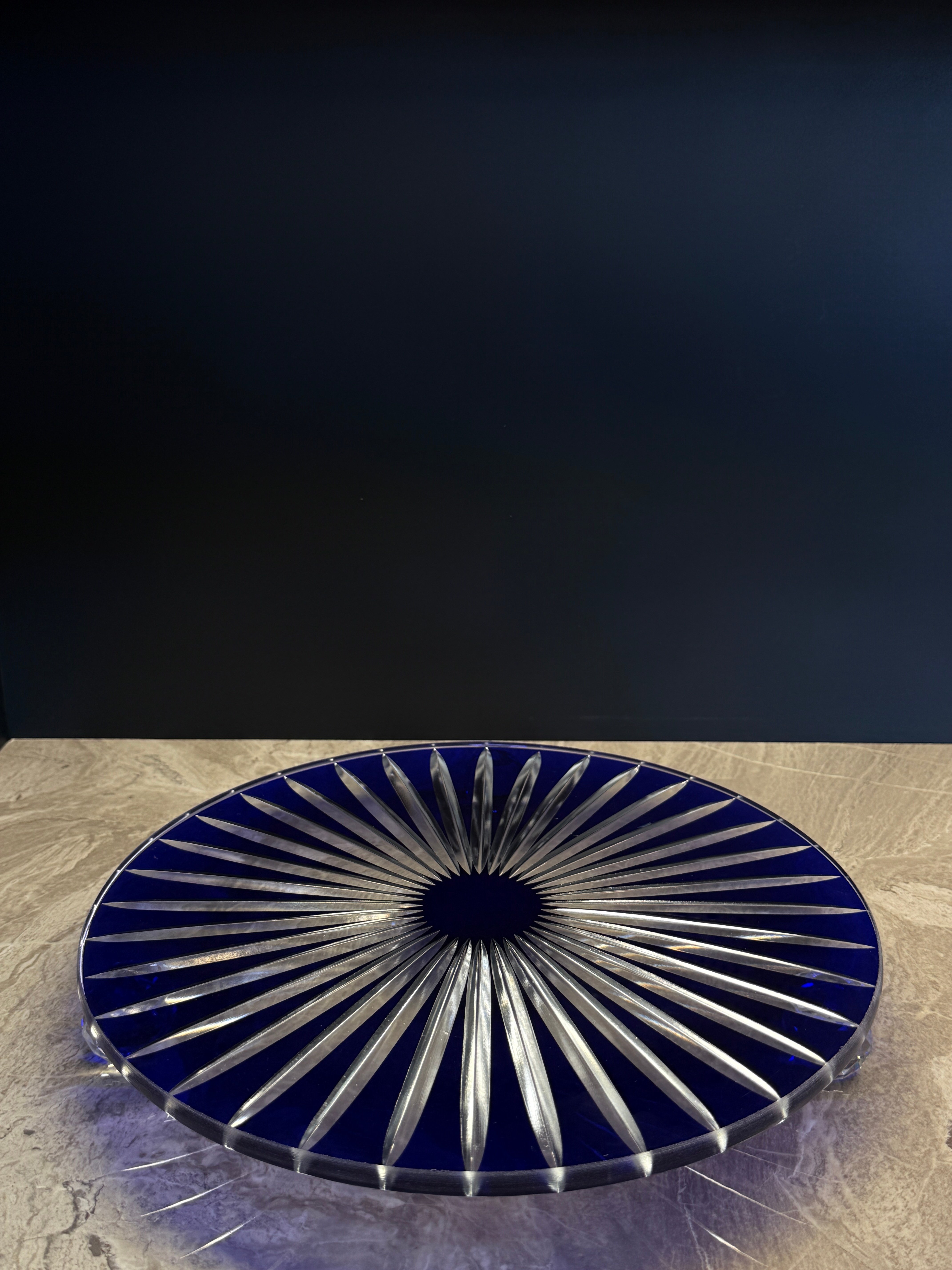Düz Cam Tabak Kristal Top Ayaklı 28 Cm Dik Kesme Mavi