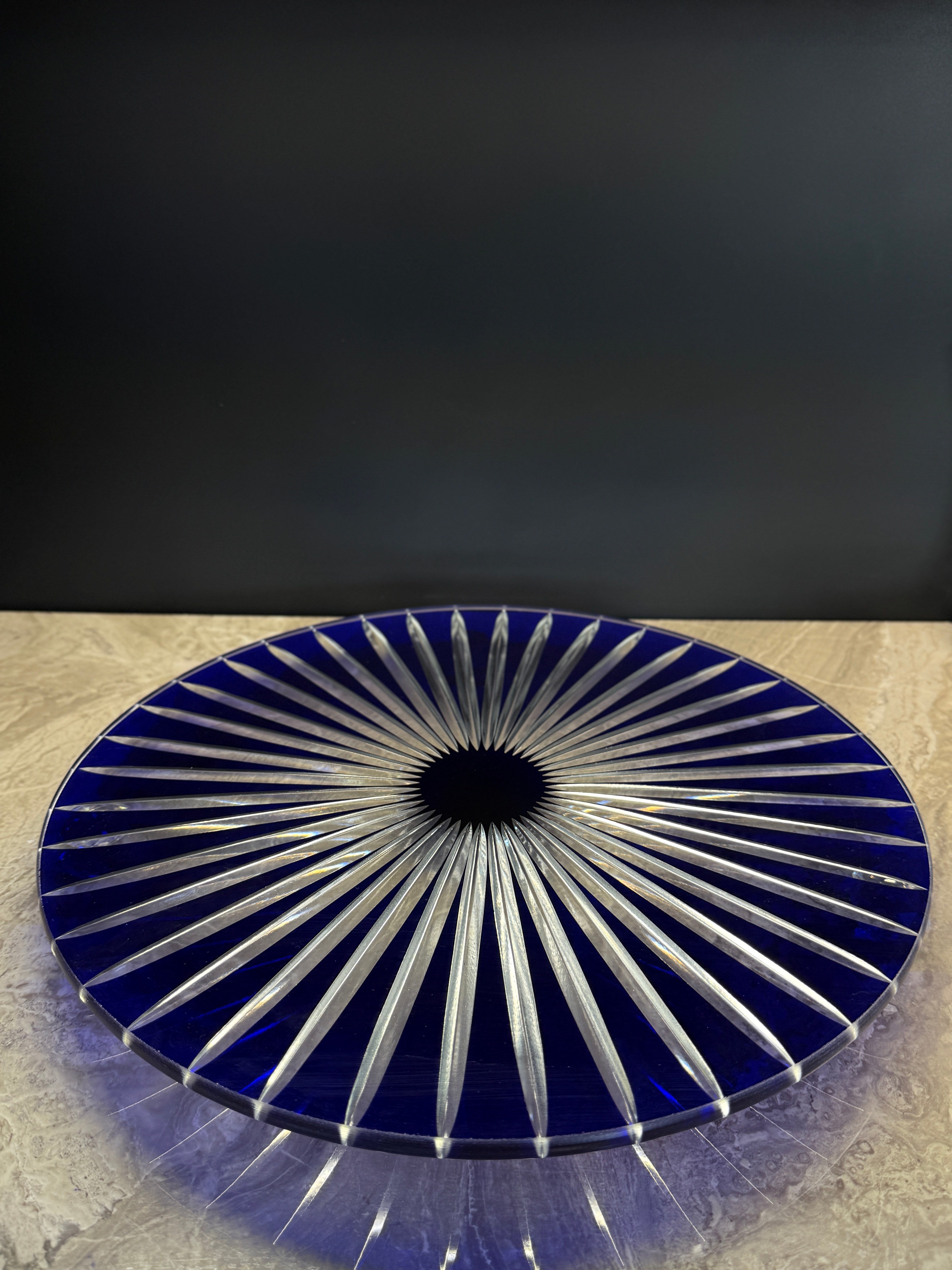 Düz Cam Tabak Kristal Top Ayaklı 35 Cm Dik Kesme Mavi