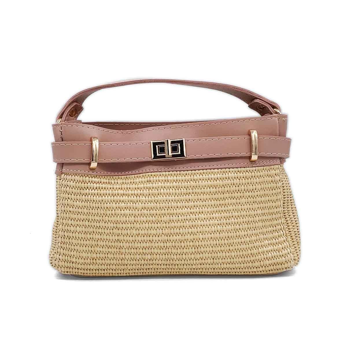 Kare Pembe Hasır Çapraz Çanta