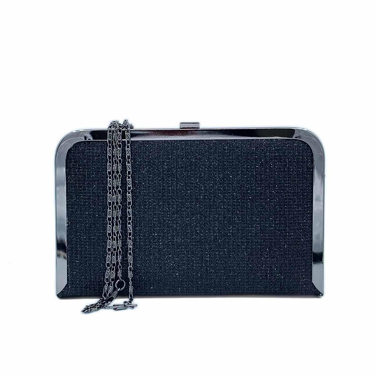 Kasalı Simli Siyah Abiye Çanta