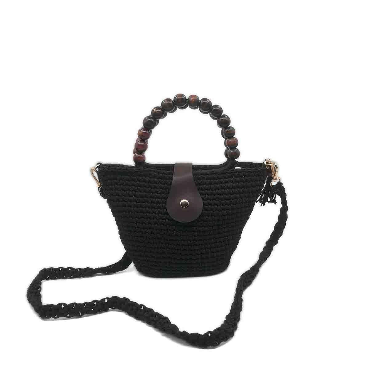 Terra Ahşap Boncuk Saplı Siyah El Örgüsü Çanta, Besa Bags El İşi Çantalar