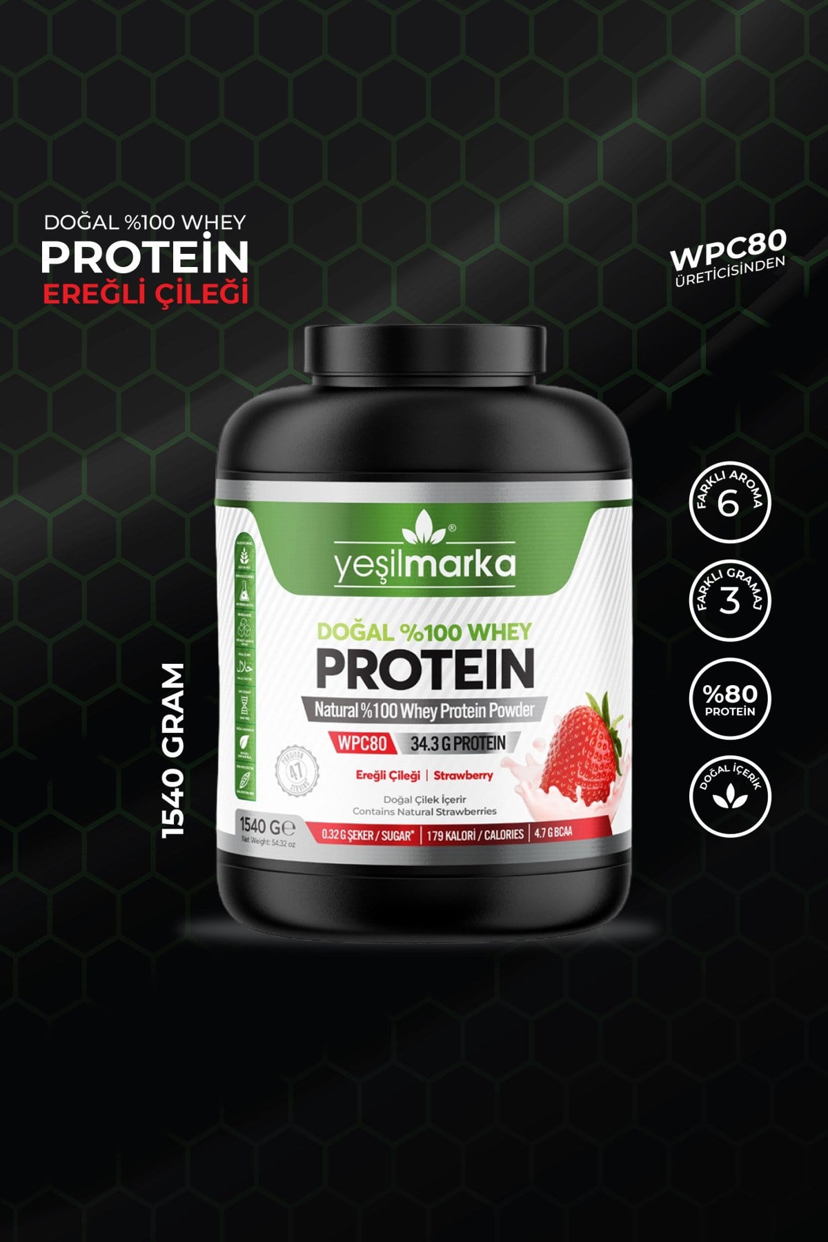 Whey Protein Tozu– Ereğli Çileği 1540g- Gerçek Çilek Içerir- Yüksek Proteinli