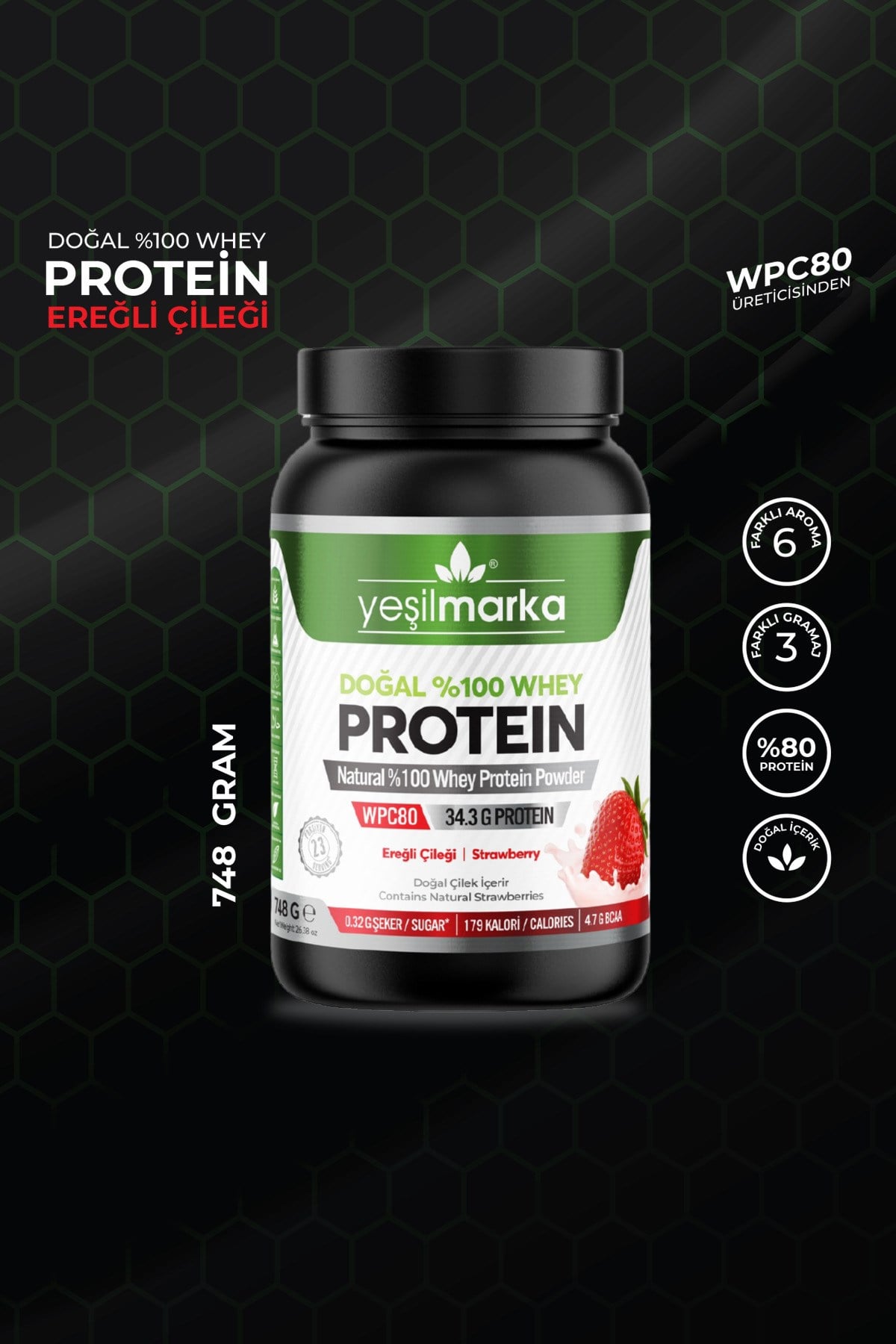 Whey Protein Tozu– Ereğli Çileği 748g- Liyofilize Çilek Tozu Içerir- Aspartam Yok