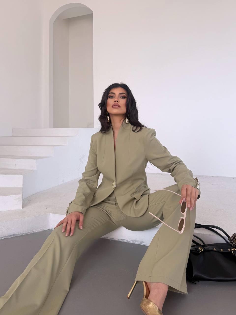  Haki Gold Düğmeli Ceket Pantolon Blazer Takım