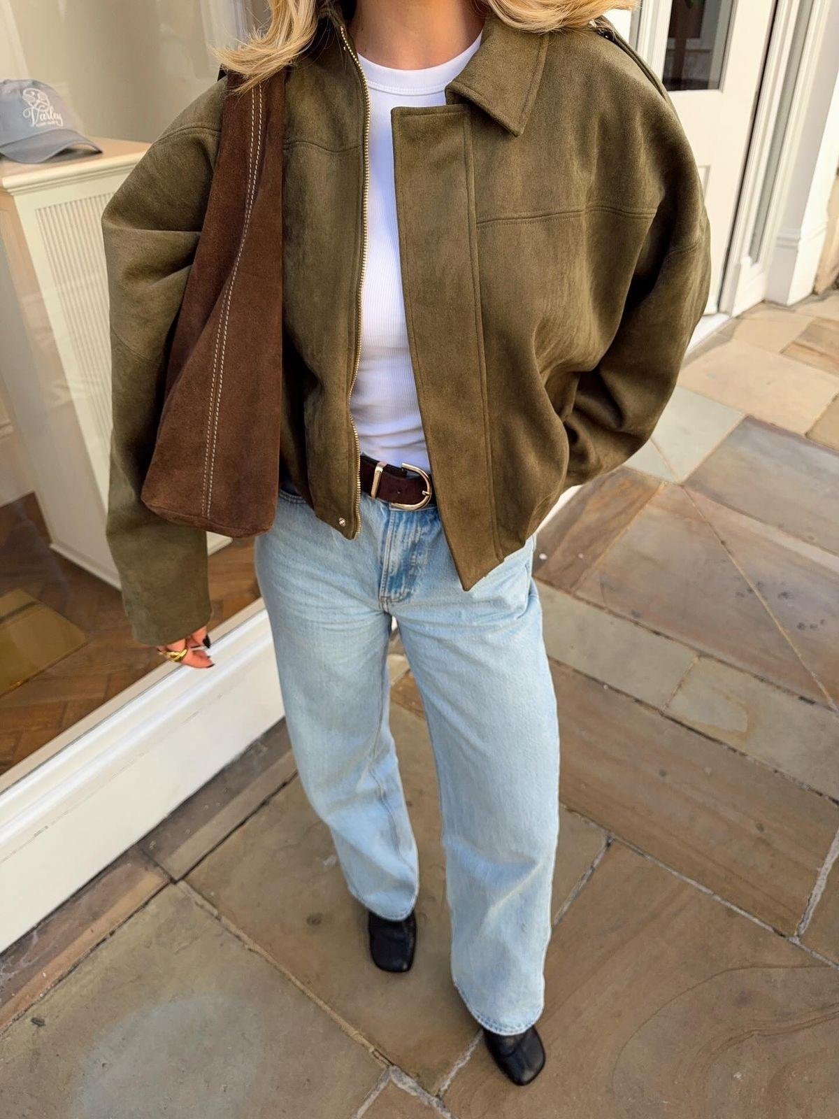  Haki Oversize Crop Süet Mont