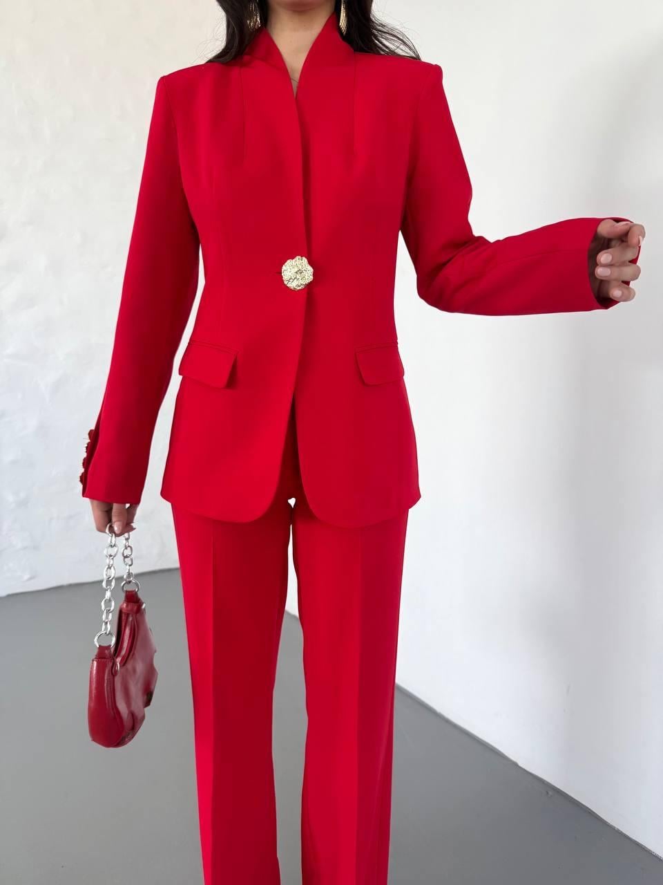  Kırmızı Gold Düğmeli Ceket Pantolon Blazer Takım