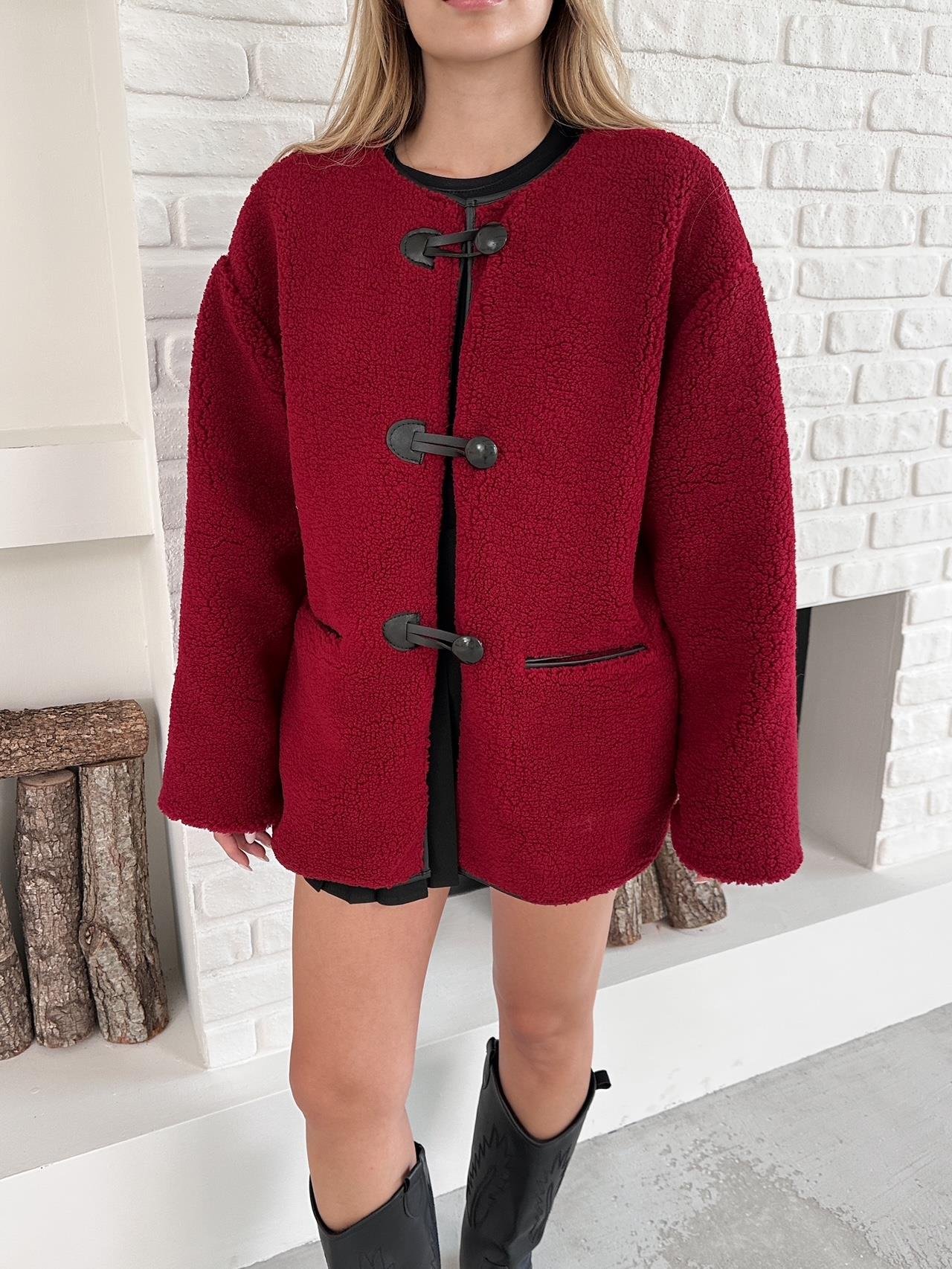 Bordo Apike Peluş Çoban Kapama Mont