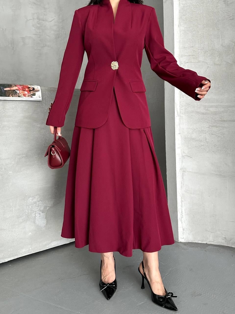 Bordo Gold Düğmeli Ceket Etek Blazer Takım