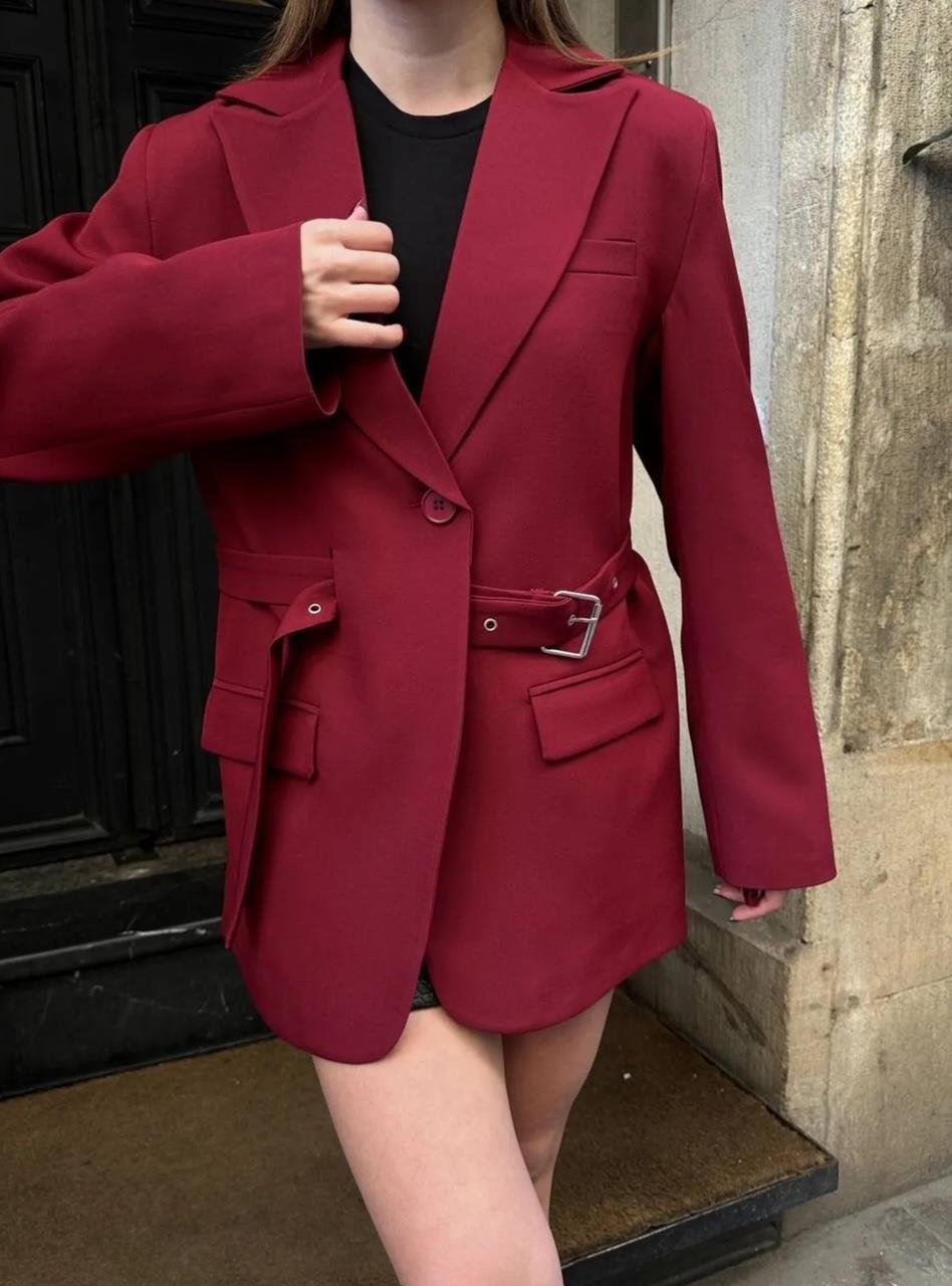 Bordo Kemerli Blazer Ceket