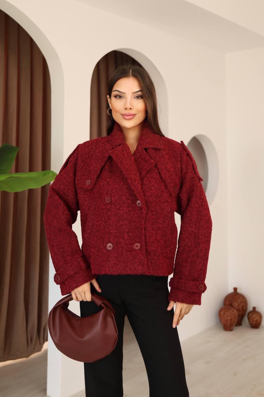 Bordo Kemerli Buklet Crop Ceket
