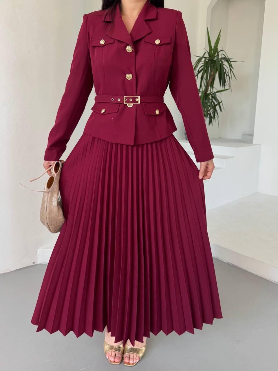 Bordo Kemerli Pilise Etekli Blazer Takım