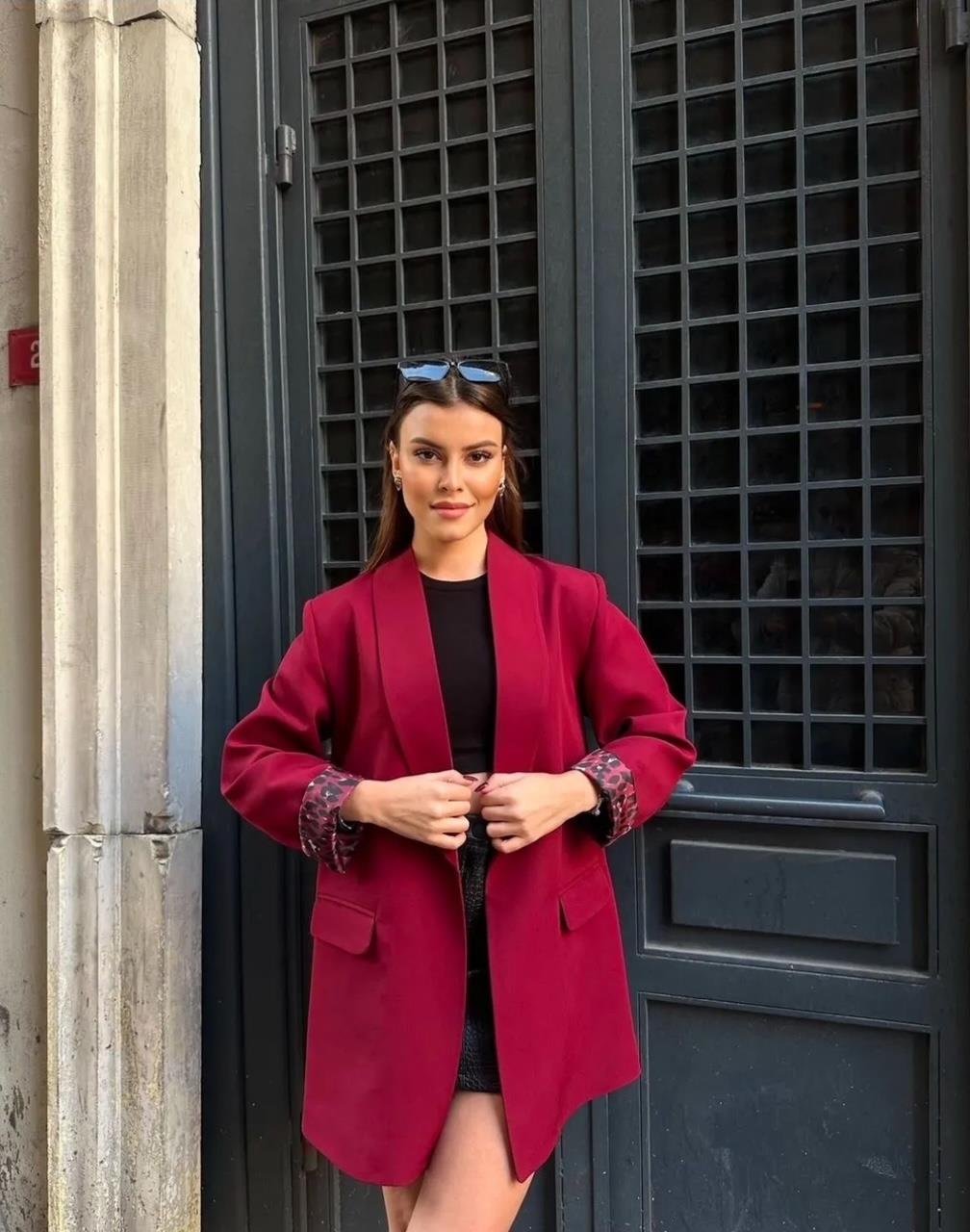 Bordo Leopar Astarlı Blazer Ceket
