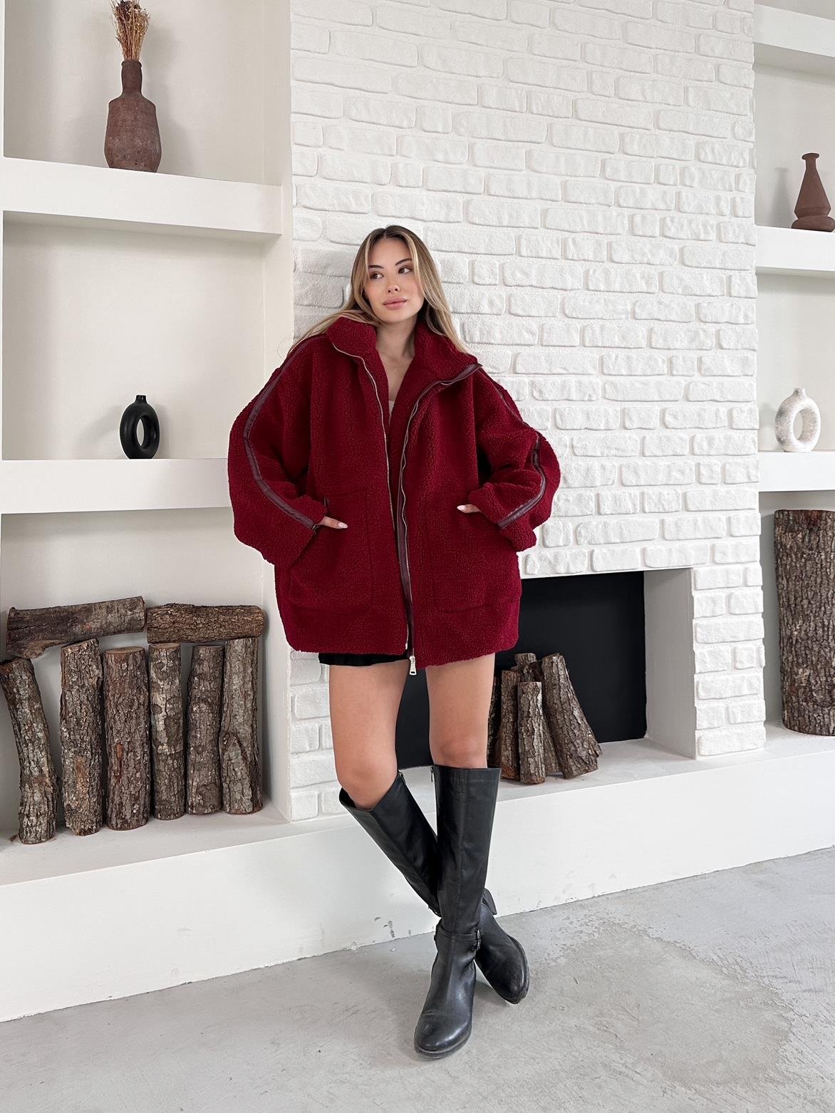 Bordo Peluş Fermuarlı Oversize Biker Mont