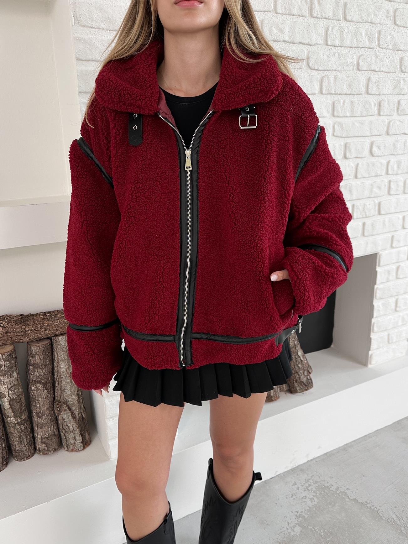 Bordo Peluş Fermuarlı Oversize Kuzu Mont