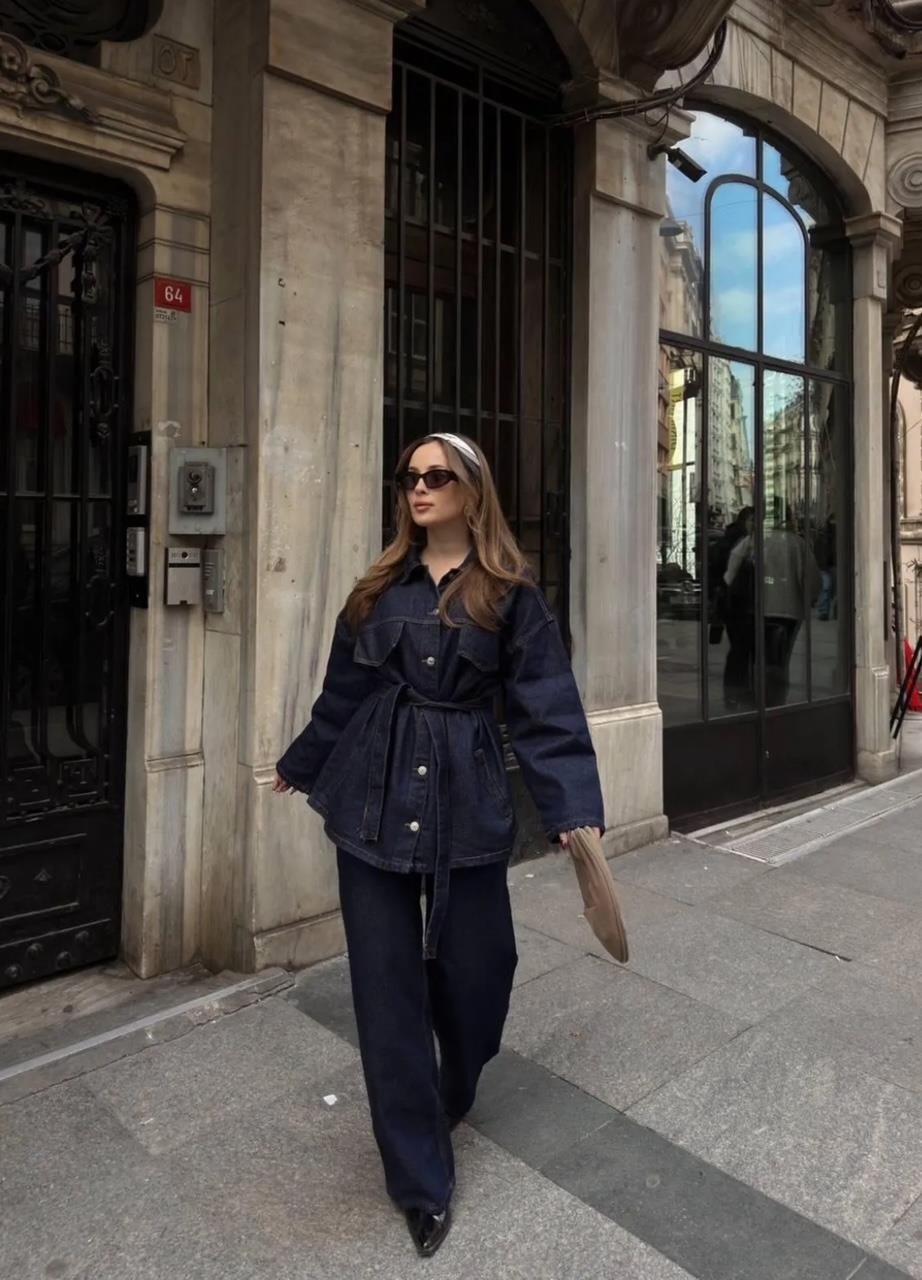 Denim Kuşaklı Düğmeli Takım