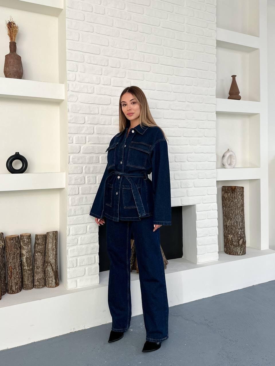 Düğmeli Kuşaklı Lacivert Ceket Pantolon Denim Takım