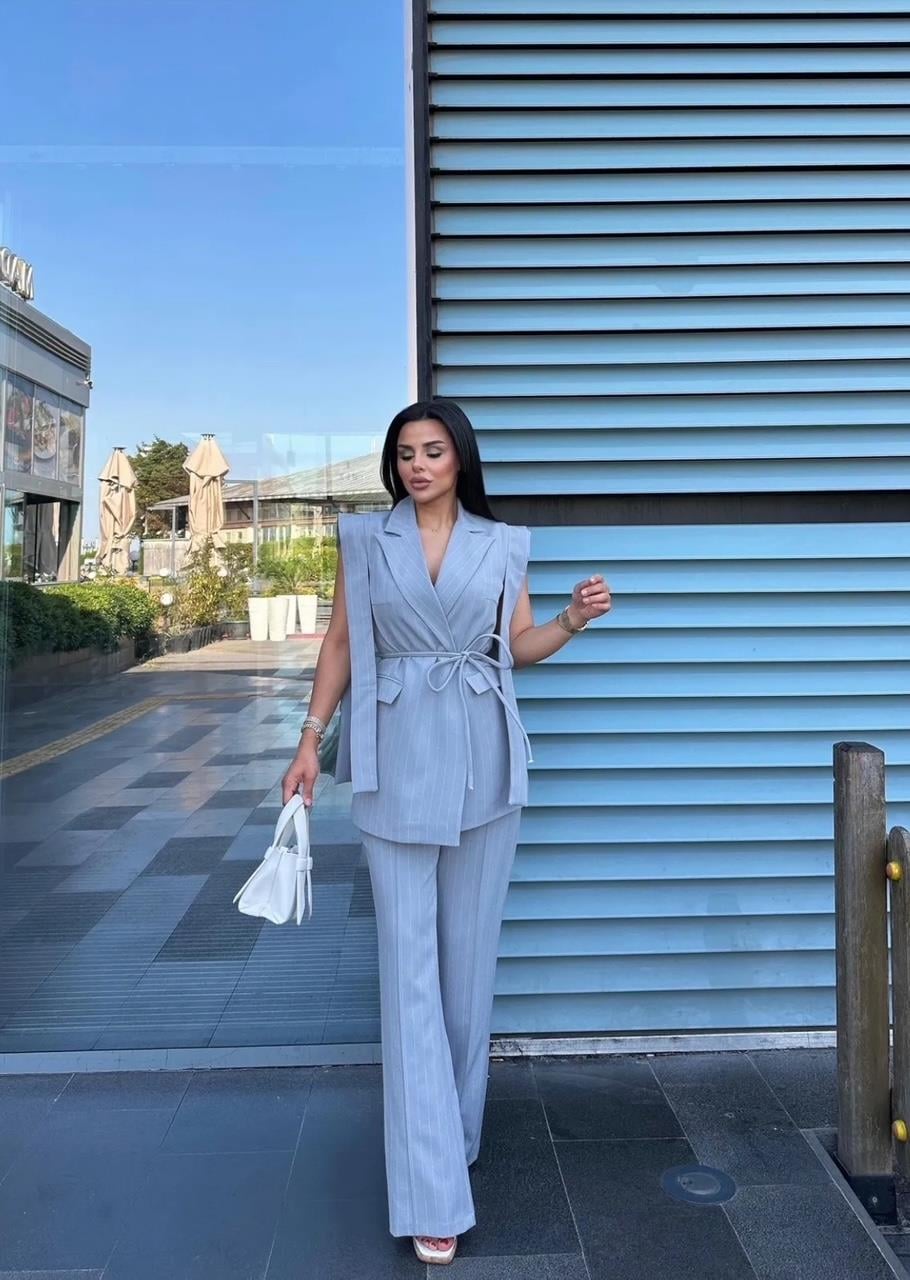 Gri Çizgili Bağlamalı Yelek Pantolon Blazer Takım